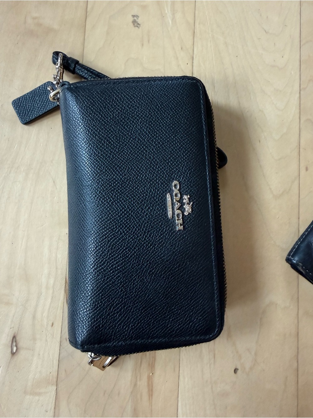 Coach Black Leather Wristlet Zip Wallet with Gold Hardware